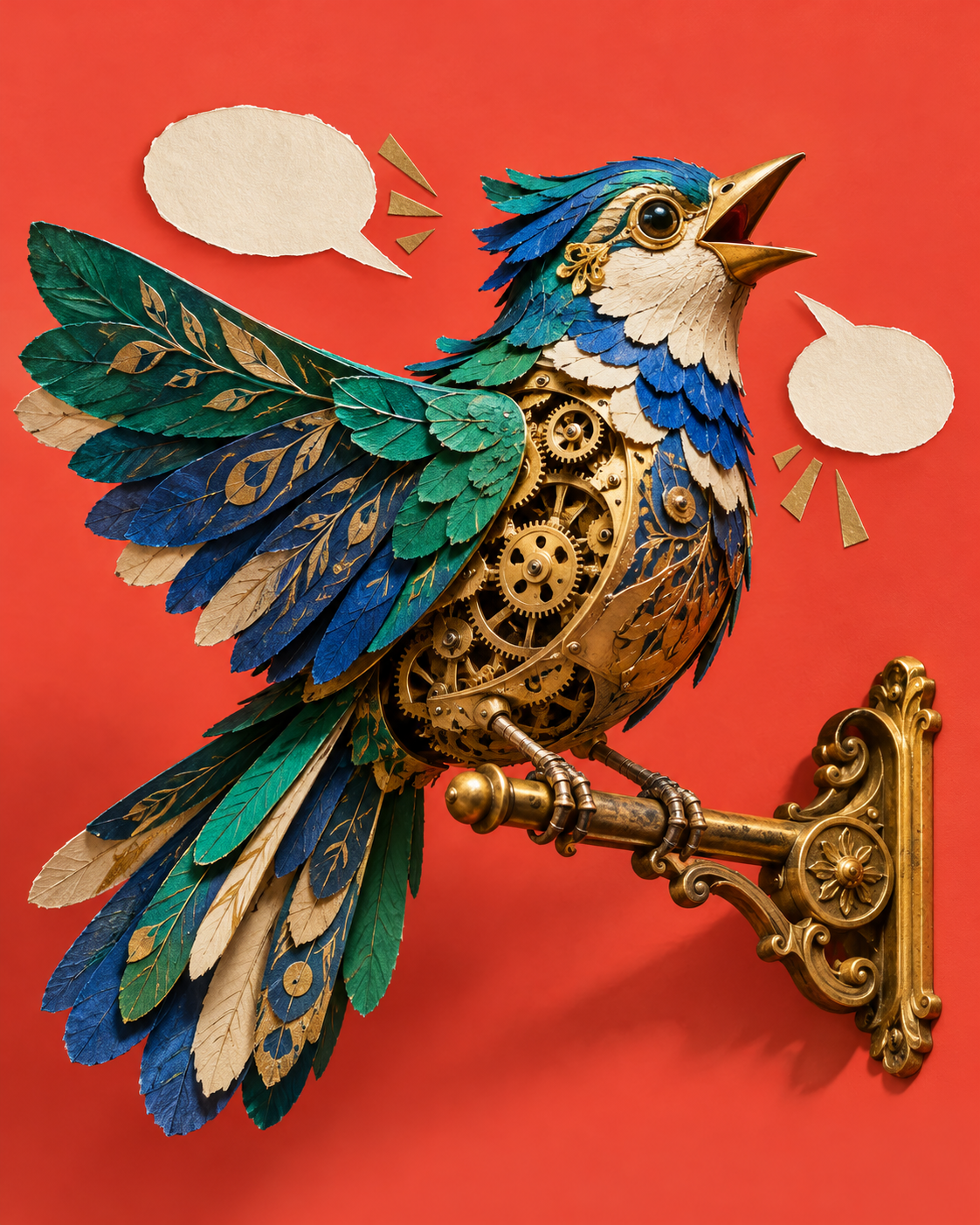 A colourful conceptual mechanical bird with blue and green feathers and exposed gold gears against a red background.