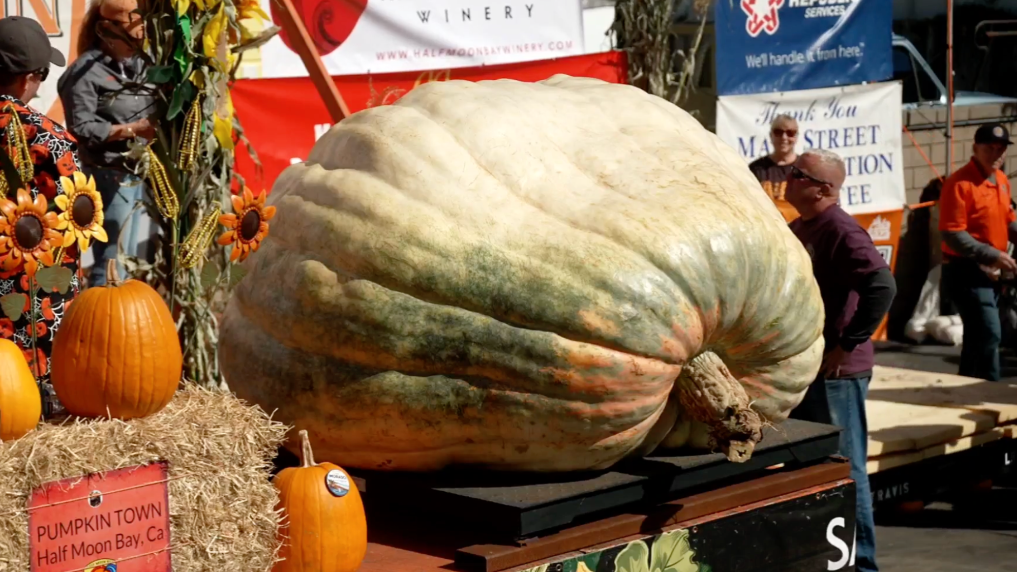 Rocky, a pale giant pumpkin with green and orange ridges, occupies the Half Moon Bay stage with people standing beside it.