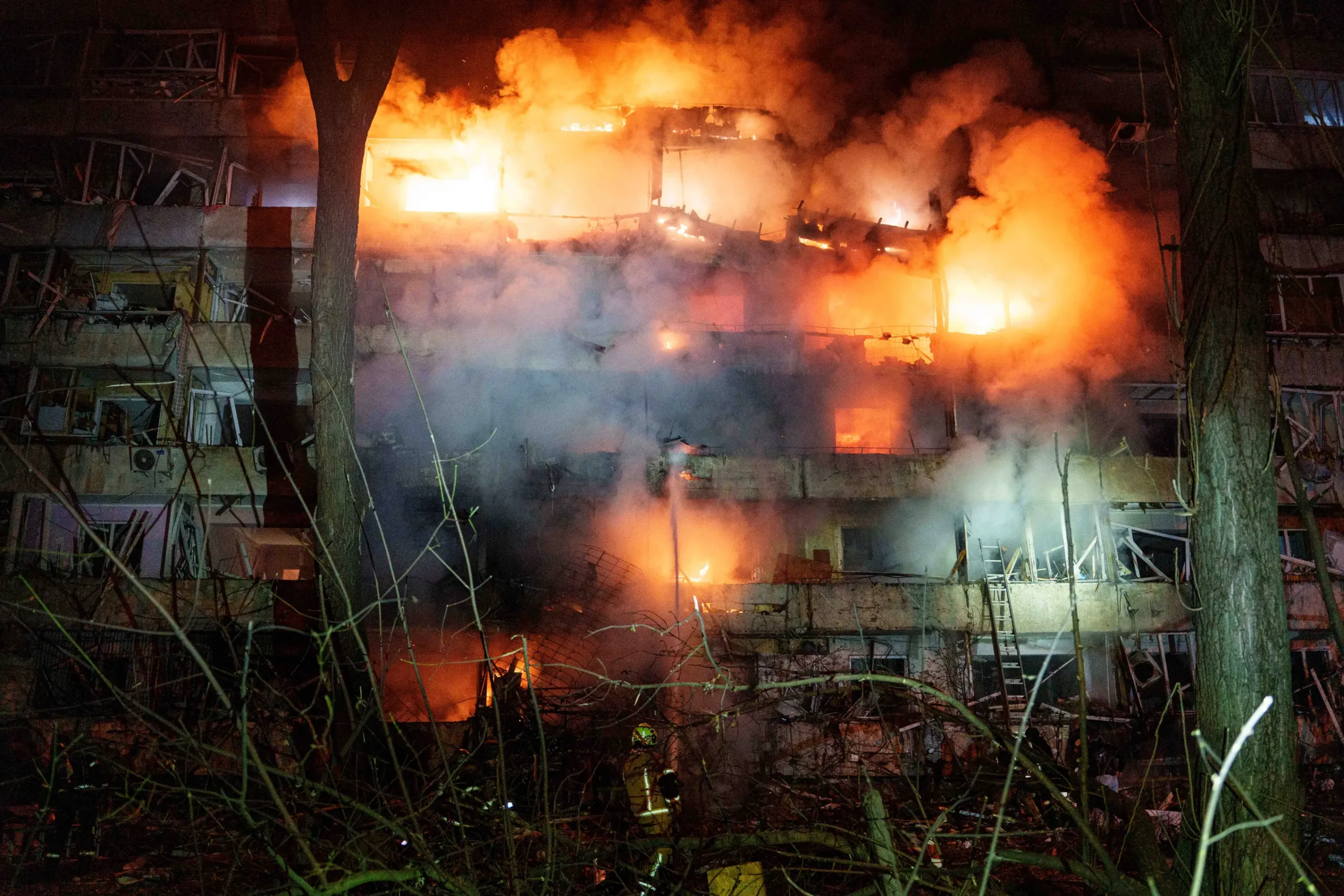 A Kyiv apartment building burns after a Russian missile strike on 13 October 2026.