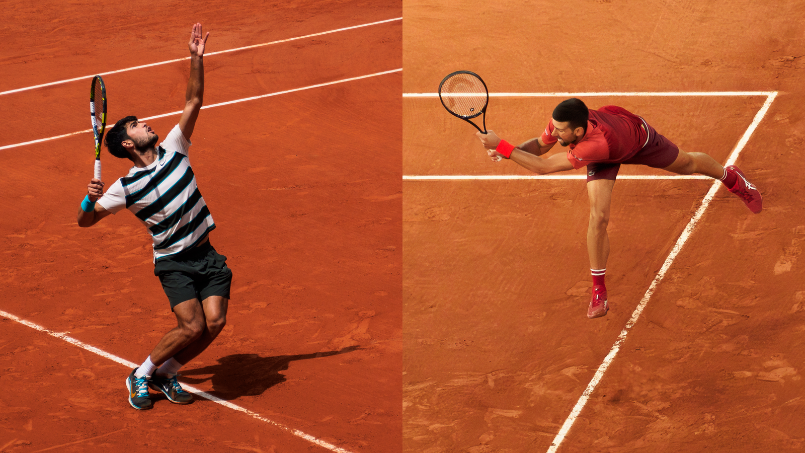 Carlos Alcaraz serving at Roland-Garros in 2025 (left) and Novak Djokovic returning a serve there in 2024.