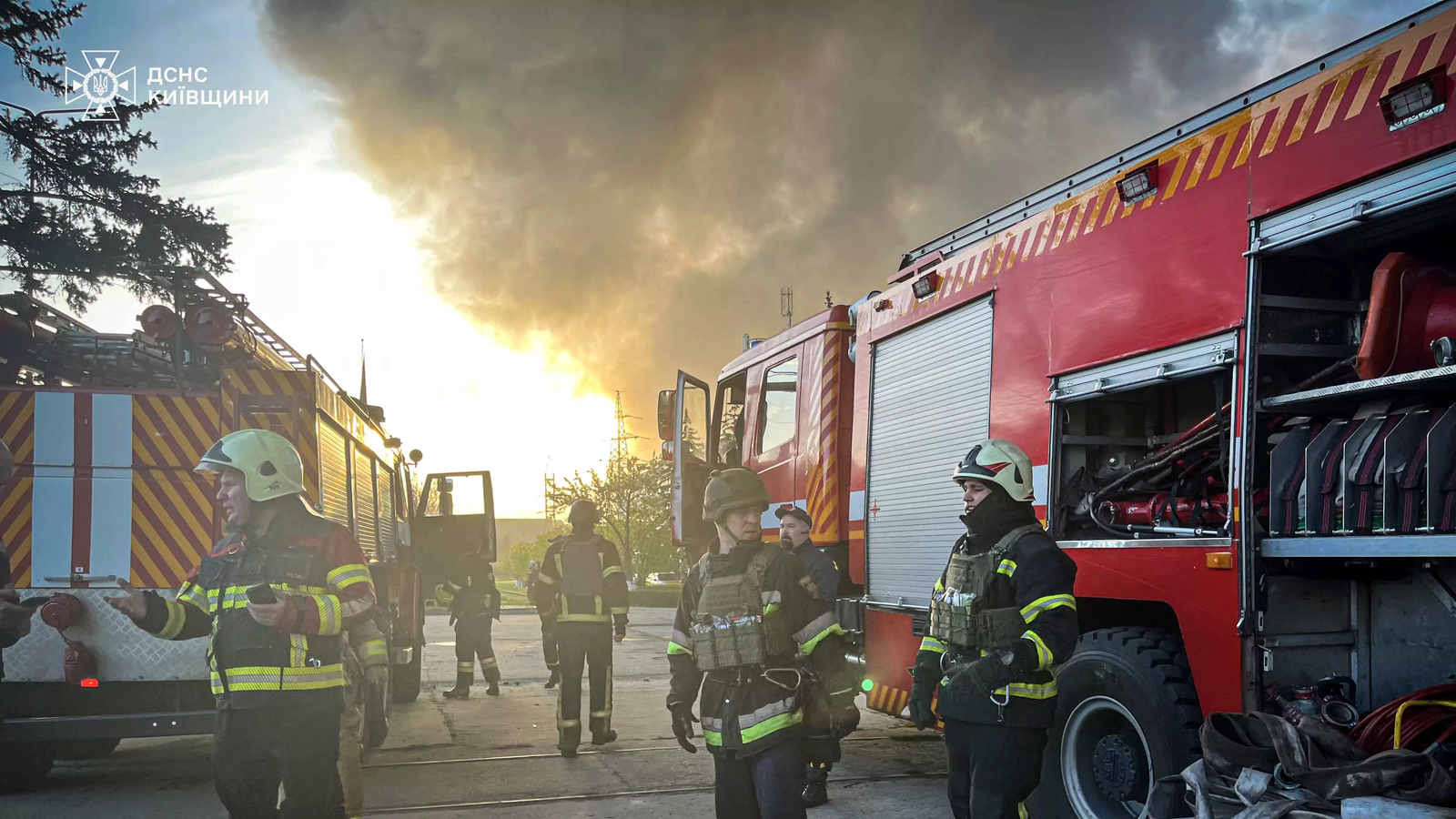 Archive photograph: Firefighters at Trypilska thermal power plant, Kyiv region, after the 11 April 2024 attack. Archive photo from April 2024 representing Ukrainian energy damage. It does not show the reported October 2026 Kharkiv strike.