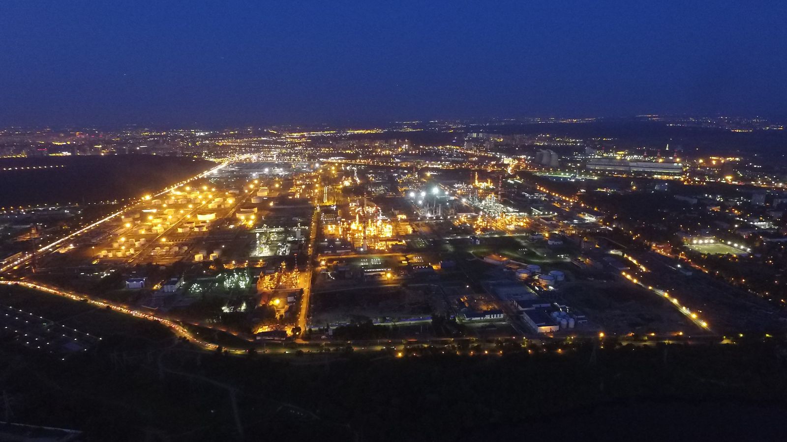 Archive photograph: Night aerial view of Moscow Oil Refinery, Russia. Archive refinery photograph, representing Russian fuel infrastructure, not a current strike or damage.